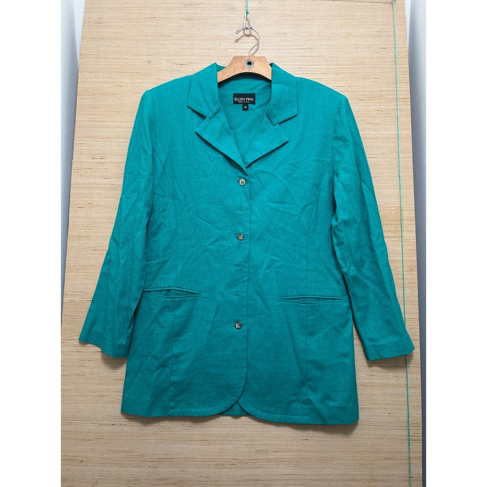 Ellen Figg Vintage Teal Green Linen Blend Blazer‎ Jacket Made in USA Size 10